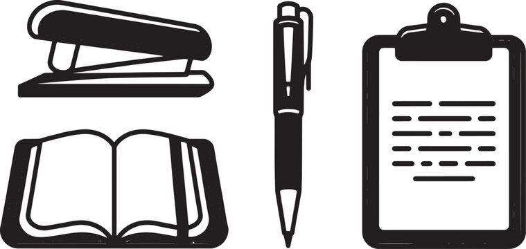 Stationery set line art with notebook pen clipboard and stapler black and white