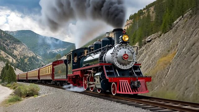 Vintage Locomotive. A steam engine train going through a mountainous landscape.