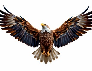 Obraz premium A majestic, animating bald eagle soars through the air, its broad wings stretched wide as it rides the wind, showcasing a striking brown body, snowy white head, and vibrant yellow beak