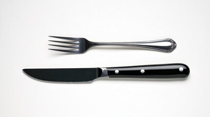 Fototapeta premium A knife and fork are arranged neatly on a white background, showcasing their sleek designs and contrasting materials.