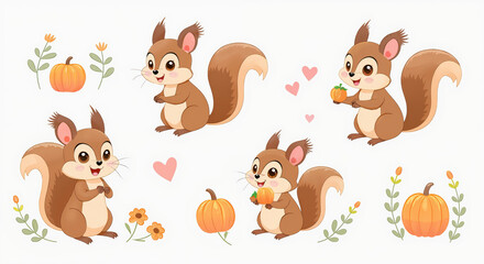 Delightful Cartoon Squirrel Illustration Set with Cute Pumpkins and Flowers - Perfect for Autumn Themes and Children's Designs