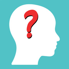 White Human Head Silhouette  with a Red Question Mark Inside Against a Light Blue Background