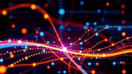 Abstract Flow of Data:  Vibrant orange and blue digital particles flow in dynamic waves, creating an abstract visualization of data streams and network connections. Perfect for tech, AI.
