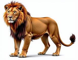 Obraz premium A majestic male lion, set against a pristine white backdrop, turns his regal head slightly to the left, his tawny mane flowing majestically down his neck