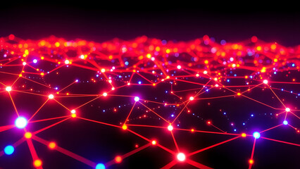 Fototapeta premium Abstract Network: A mesmerizing digital artwork depicting a network of interconnected points, radiating vibrant red and blue hues against a deep black backdrop.