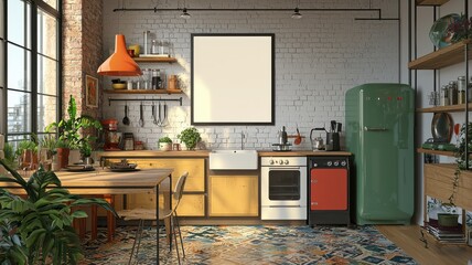 Modern kitchen design featuring plants and vibrant colors.