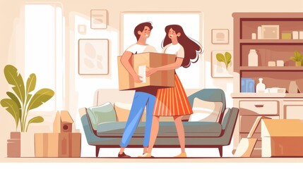 Young family couple moving new furniture into their new house, happy man and woman carrying a gray sofa together in the living room of their new apartment, homeownership, and new beginnings.