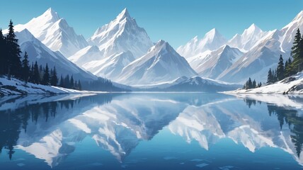 Obraz premium Majestic mountains reflected in a serene lake surrounded by evergreen forests under a clear blue sky