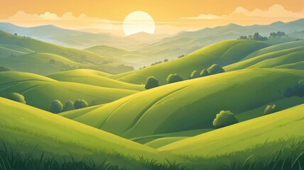Serene landscape features lush green hills and a warm sunset glowing over rolling terrain in a tranquil setting