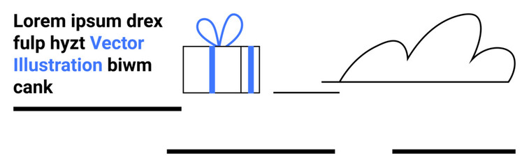 Blue gift box with a bow, cloud outline, and several placeholder text areas and lines. Ideal for celebration themes, minimalistic designs, gift ideas, holiday promotions, website templates, online