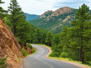 Naklejka premium Serene winding road through lush green mountains and pine trees.