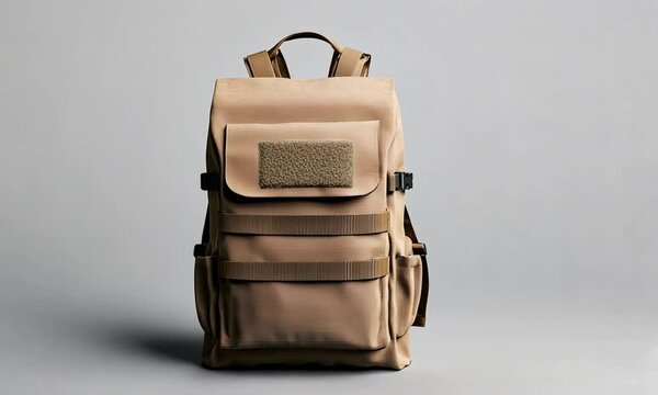 A tan backpack with multiple pockets and a textured patch for customization.
