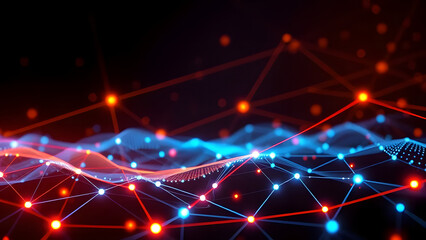 Abstract Network: A mesmerizing abstract digital art image, showcasing a dynamic network of interconnected nodes and lines. The nodes glow in vibrant red and blue hues.