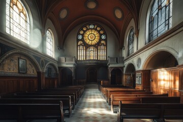 Fototapeta premium Sunbeams Illuminate a Deserted Church Interior