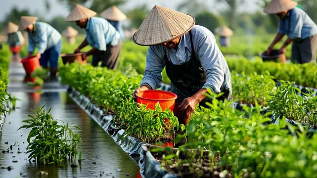 A rural man wearing a straw hat is picking chili peppers in the rice field.