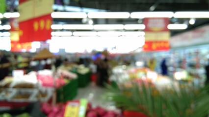 blurry photo of a white-floored supermarket with shelves selling goods in the background