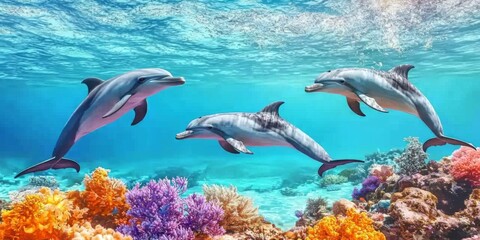 Fototapeta premium Dolphins Coral Reef Tropical Underwater Ocean Marine Life Scene