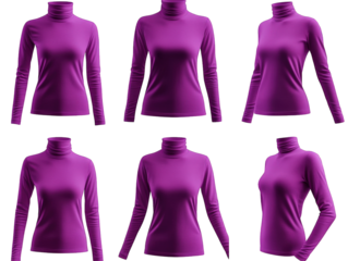six different views of a plain purple women's turtleneck sweater it is a mock-up of a shirt for displaying designs and logos