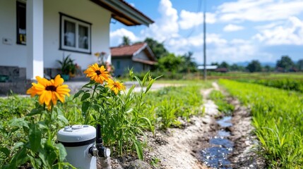 Fototapeta premium Picturesque sunflower field and traditional farmhouse nestled in a lush verdant rural landscape under a bright blue sky with fluffy white clouds