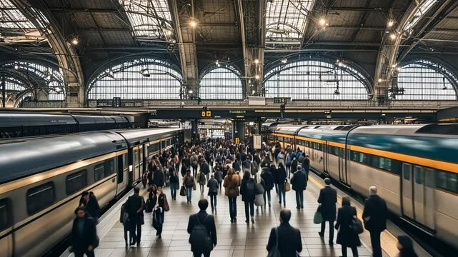 Train station movement. A busy train station during rush hour, with people moving around.