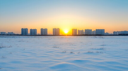 Fototapeta premium Serene Sunset Over Snowy Urban Landscape