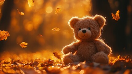 Cozy Teddy Bear Among Autumn Leaves
