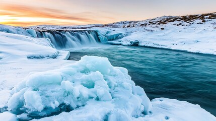 Serene Winter Landscape with Waterfall and Ice