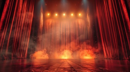 Empty stage with red curtains, spotlights, and fog.