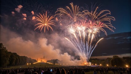 Bright and colorful fireworks illuminating the night sky during a festive celebration in putrajaya, malaysia, creating a spectacular display of light and color over a large crowd of spectators