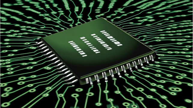 Stylized Computer Chip with Binary Code Flowing Around