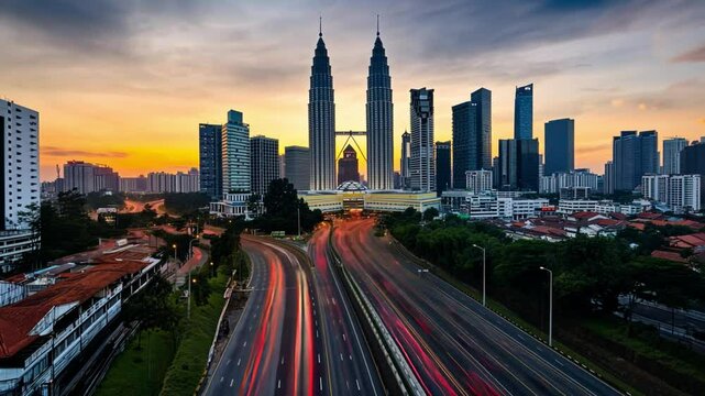 A city skyline with a sunset in the background