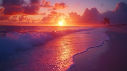 A serene sunset over a beach with gentle waves and a solitary palm tree.