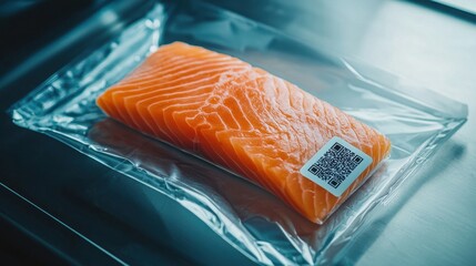 Fresh salmon fillet in vacuum packaging with a QR code, showcasing modern food presentation and traceability.