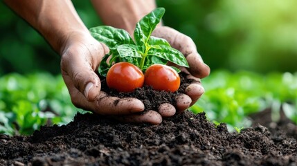 Hands of a person holding fresh organic tomatoes in fertile soil during gardening and planting activity in a lush green garden or farm field