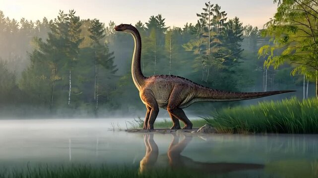 A Parasaurolophus stands by a lake, its long crest catching the morning light. The water reflects the forest, creating a peaceful atmosphere.