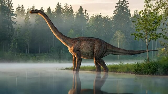 A Parasaurolophus stands by a lake, its long crest catching the morning light. The water reflects the forest, creating a peaceful atmosphere.