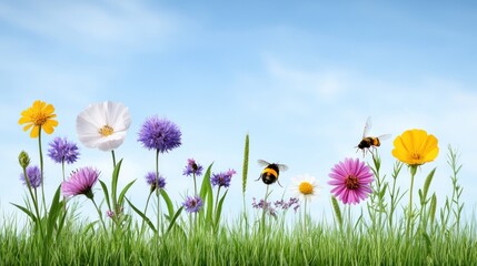 Fototapeta premium Vibrant flowers and bees in a sunny meadow under a blue sky.