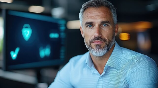Experienced Senior Executive Deeply Focused on Analyzing and Researching Important Digital Data and Information Displayed on Computer Screen in Corporate Office Setting