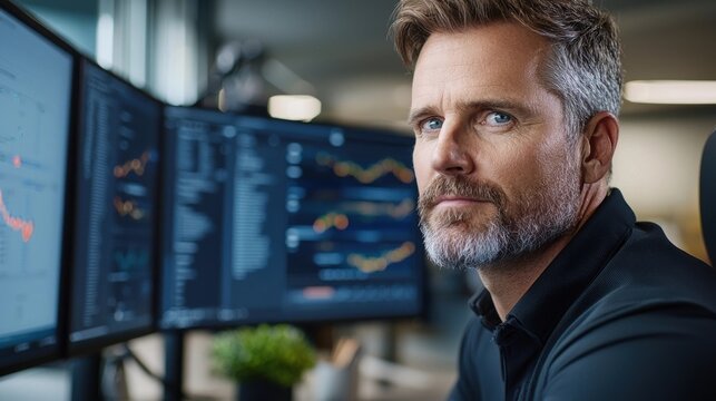 Professional businessman analyzing financial data market trends and investment opportunities on multiple digital screens in a modern corporate office workspace - Powered by Adobe