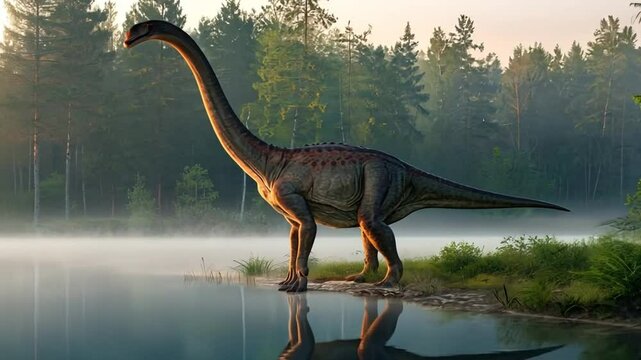 A Parasaurolophus stands by a lake, its long crest catching the morning light. The water reflects the forest, creating a peaceful atmosphere.