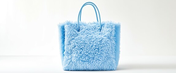 Photo of a small, rectangular, plush handbag with a fuzzy texture, light blue color, and a simple, round handle on top. The background is a plain white wall, and the lighting is soft and even, creatin
