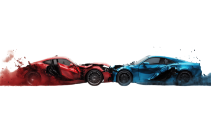 Dramatic Collision of Red and Blue Sports Cars 