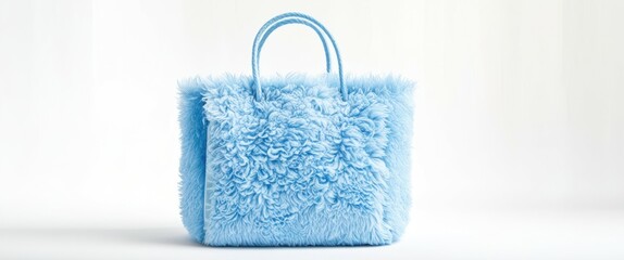 Photo of a small, rectangular, plush handbag with a fuzzy texture, light blue color, and a simple, round handle on top. The background is a plain white wall, and the lighting is soft and even, creatin