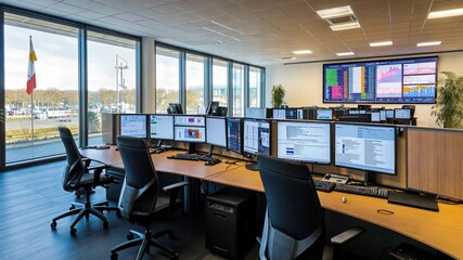 A large office with many computer monitors and a flag in the window