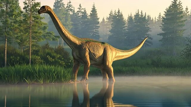 A Parasaurolophus stands by a lake, its long crest catching the morning light. The water reflects the forest, creating a peaceful atmosphere.