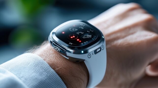 A close up view of a sleek modern smartwatch worn on a person s arm featuring an advanced digital display fitness tracking and various connected device capabilities - Powered by Adobe
