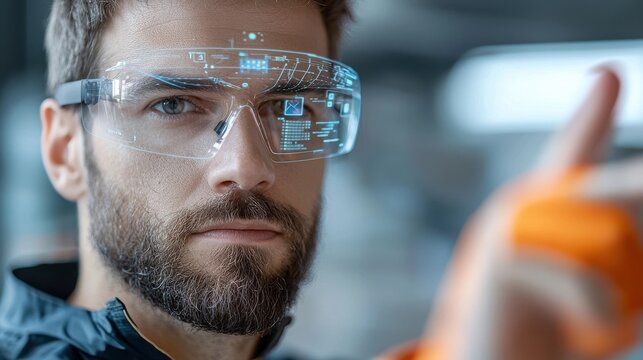 Futuristic man with beard wearing high tech augmented reality glasses exploring innovative digital technology and head mounted display interface for the future