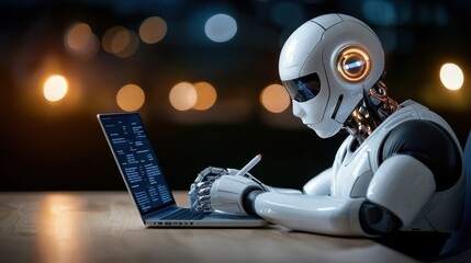 Robotic Scientist Working on Futuristic Technology Laptop at Night   Advanced Intelligence Digital Code and Algorithm Analysis Modern Workspace with Glowing Laptop Screen