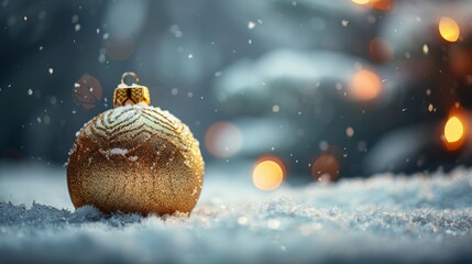 Gold Christmas bauble in snowy winter scene with bokeh lights.