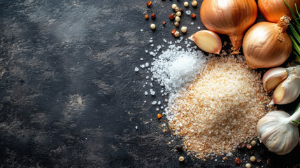 Onions garlic salt and peppercorns culinary ingredients